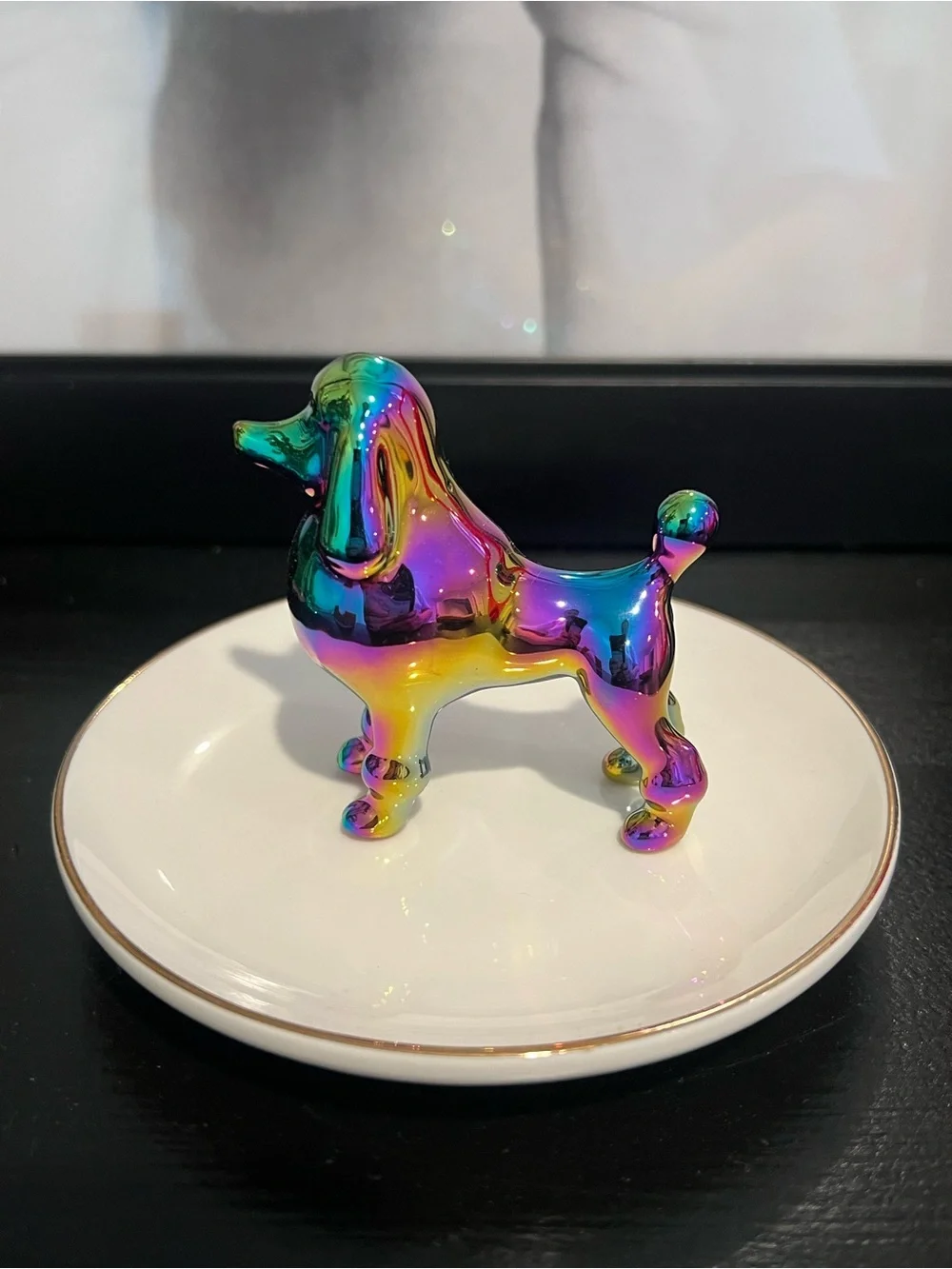 Rainbow Poodle Dog Ring Holder Trinket Jewelry Dish.